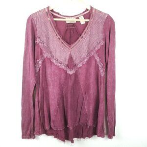 Gimmicks BKE Shirt Womens XS‎ Maroon Blouse Boho Lace Distressed Grunge Festival